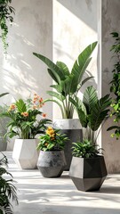 Modern indoor plants, various pots