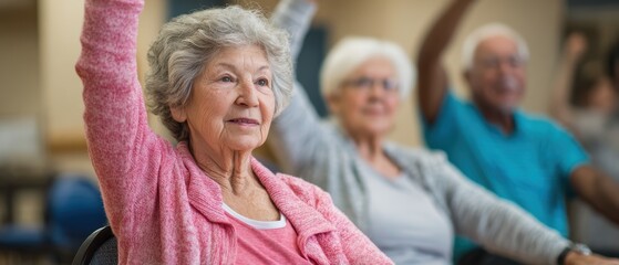 Elderly residents participating in group exercise class with seated exercises and instructor leading, assisted living fitness and community wellness concept.