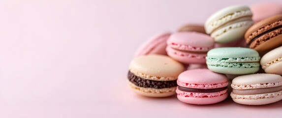 Assortment of colorful french macarons on a pink background