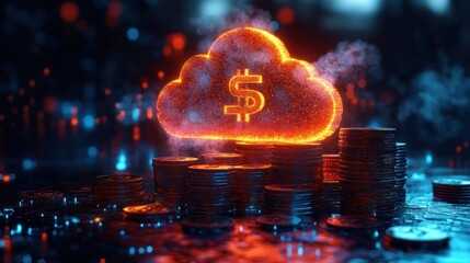 Glowing dollar cloud on stack of coins