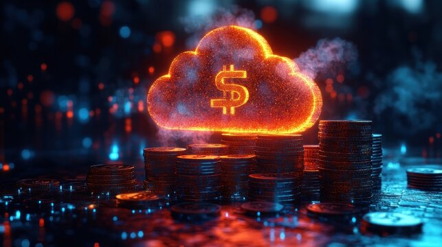 Glowing dollar cloud on stack of coins