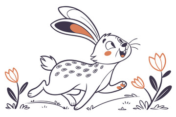 Cheerful Running Hare on White Background with Floral Accents