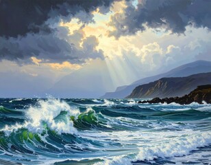Naklejka premium Dramatic coastal scene portrays powerful waves crashing against a rocky shoreline under a dramatic sky with shafts of sunlight piercing the clouds.