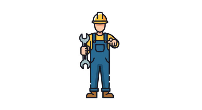 Cartoon illustration featuring a confident worker holding a wrench wearing safety equipment and gesturing towards the viewer indicating service