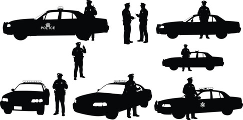 Silhouettes of Police Officers and Patrol Cars, Police Standing, Talking, and Patrolling, Law Enforcement Vector Illustration Set © Shahariar's World
