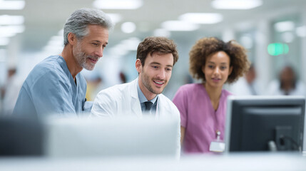 Diverse medical team collaborating on a computer, sharing expertise  insights. Represents teamwork, healthcare technology,  patient care. For training, research.