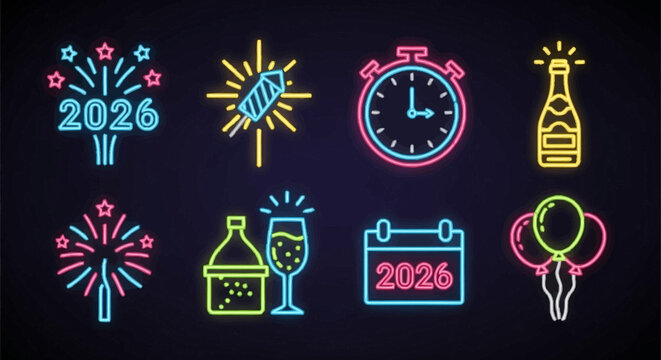 Glowing 2026 New Year's Eve party icon collection in a vibrant neon light style for festive holiday designs