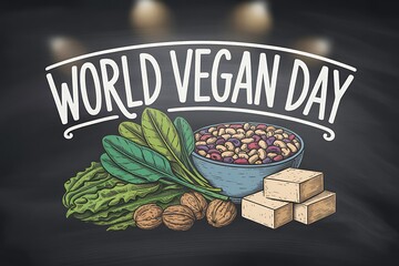 Celebrate World Vegan Day with vibrant, wholesome plant-based foods like fresh greens, beans, and tofu presented artistically