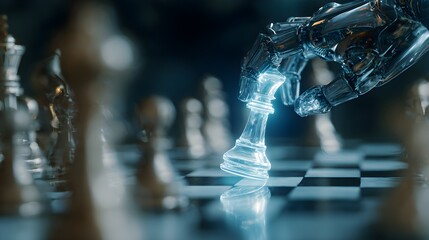 Robotic arm delicately poised over a glass chess queen, strategic thinking, artificial intelligence concept.