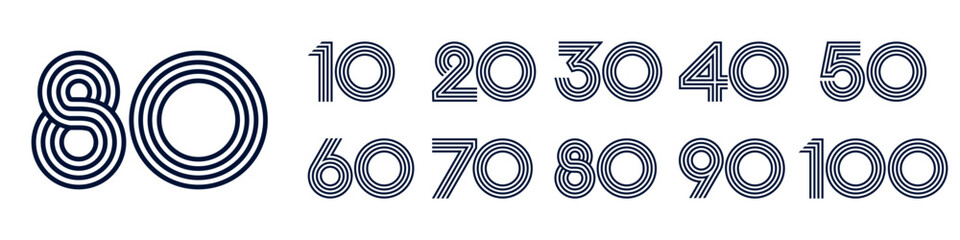 collection anniversary 10 to 100 year logo designs. abstract number for celebration event, wedding, greeting card, and invitation, vector illustration