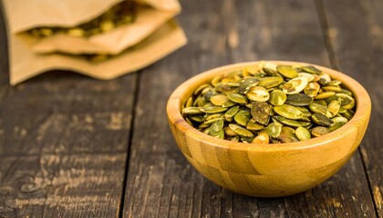Roasted pumpkin seeds in a wooden bowl