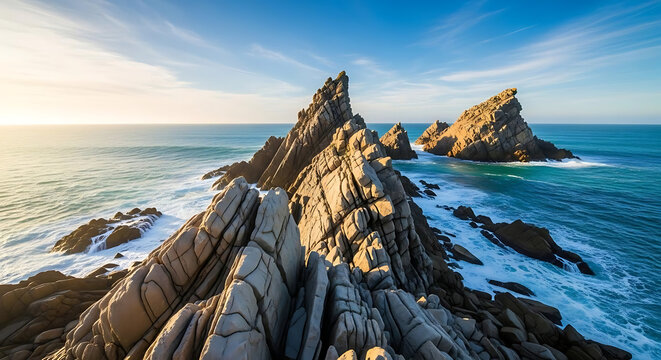 Jagged rocks meet the turquoise sea under a clear blue sky on a sunny day at the coast line view ai generated