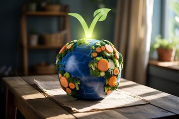 Vibrant Earth globe adorned with fresh vegetables symbolizes healthy eating and global sustainability in a bright, natural setting