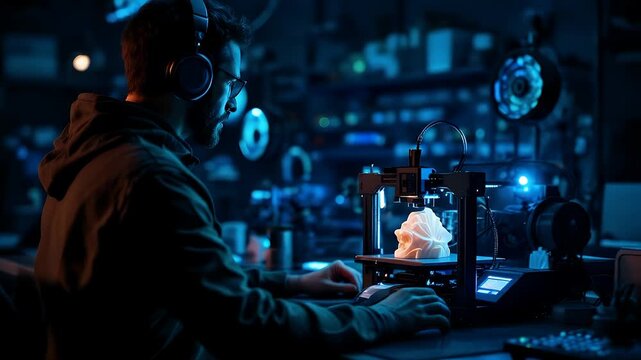 Innovation in Focus: A person deeply focused on a 3D printer, immersed in the world of digital design, creating tangible objects with innovative technology.