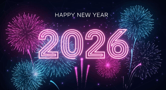 happy new year 2026, neon celebration, futuristic design, glowing lights, cyber party, vibrant fireworks, 2026 neon numbers, modern illustration, holiday background, new year vector scene, festive 