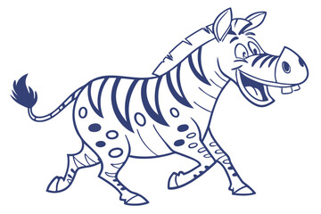 Fototapeta premium Cheerful Zebra Cartoon Character Running with Blue Stripes on White Background