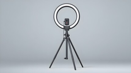 Modern ring light with smartphone holder on tripod, studio shot, content creation equipment