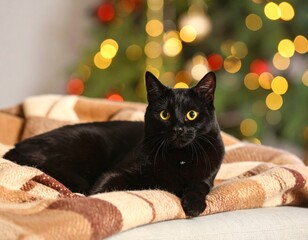 Beautiful black cat with yellow eyes lying on blanket 