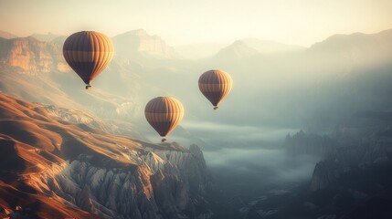 Cappadocia Dreamscape: Hot Air Balloons Ascending Over Misty Mountain Valleys at Dawn