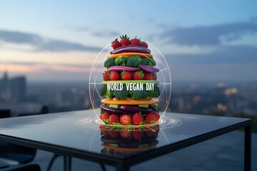 Celebrate World Vegan Day with a vibrant, healthy stack of fresh fruits and vegetables against a city skyline at dusk
