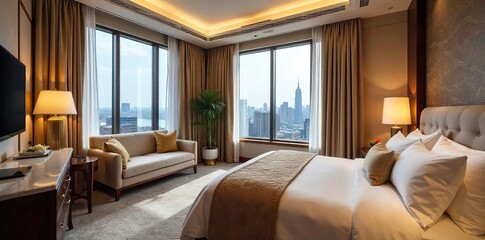 Elegant hotel suite with plush furnishings, large windows offering city views, and a spacious marble bathroom Enjoy the ultimate in luxury and comfort , plush, opulence, city view