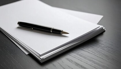 Blank papers and pen on dark table