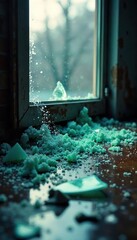 Close-up shot of a shattered window, shards of glass scattered on the floor, depicting the aftermath of a violent crime scene , broken glass, injury