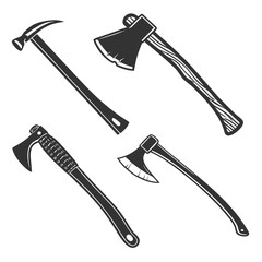 Set of vintage axes collection of lumberjack equipment hand drawn monochrome design elements vector illustration of carpentry tools for wood working