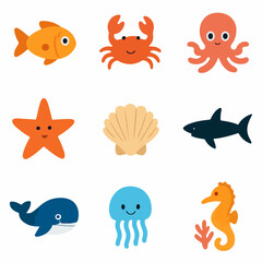 Collection of Cute Cartoon Sea Creatures and Ocean Life Icons