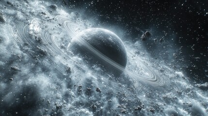 Gray planet with rings in a cosmic cloud