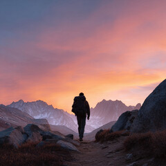 Fototapeta premium Lone hiker on mountain trail at sunrise, symbolizing adventure and challenge. Backpacker against dramatic sky. Perfect for travel, outdoor, freedom, goals, or nature themes.