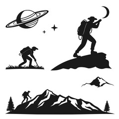 Silhouette vector illustration of a hiker in various outdoor and space scenes includes mountains, planets, and stars, perfect for adventure designs