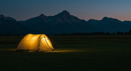 Adventure and Solitude: A Lit Tent under a Beautiful Sky