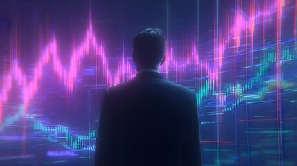 Businessman contemplating financial data visualization, stock market analysis, future trends, neon abstract background.