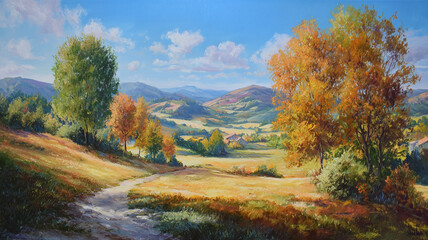 Obraz premium アクリル画による夏から秋の季節の移ろいを表現した幻想的な風景画、ノスタルジックで美しい情緒が漂い、柔らかな色彩と温かみある描写が特徴的なアート作品、抽象的で多様な用途に活用できるイラスト素材