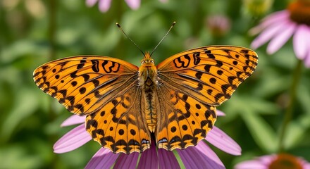 Butterfly with Vibrant Orange and Black Wings Sipping Nectar From Flower