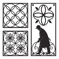 A composition of geometric and floral patterns alongside a silhouette of a man walking with a cane, showcasing a blend of natureinspired and structured designs © NAHID 