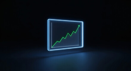 Dynamic digital visualization of an upward trending green line graph within a glowing blue frame, symbolizing robust business growth, financial success, and positive market progress.