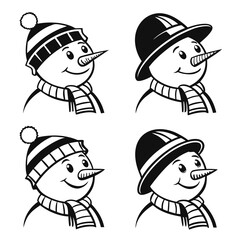 Collection of snowman head illustrations with different hat styles, creating a festive and cheerful winter scene perfect for holiday and seasonal themes