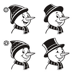A quartet of smiling snowmen, each adorned with unique headwear and cozy scarves, , offering a delightful winter aesthetic for various designs