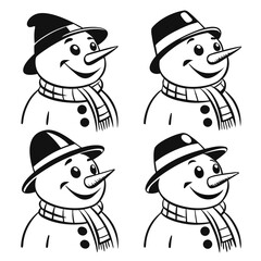 A delightful collection of four unique snowman illustrations, each adorned with a different hat and scarf, , capturing the essence of winter and holiday cheer