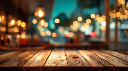 Wooden table with blurred city lights in the evening background
