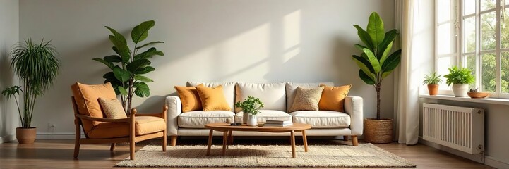Cozy living room scene with sofa, armchair, coffee table, houseplants, and a warm inviting atmosphere  Perfect for home decor, interior design, and family concepts ,  green,  coffee table, home