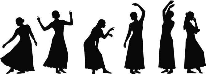 Silhouettes of six women dancing gracefully in long dresses, expressing movement, elegance, and joy in artistic dance poses vector.