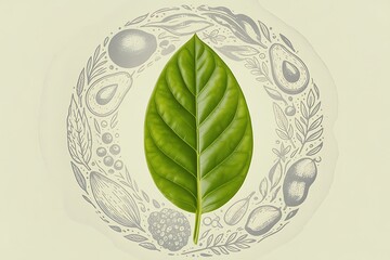 Vibrant green leaf centerpiece surrounded by hand-drawn botanical elements and fresh fruits, symbolizing nature's bounty and healthy living