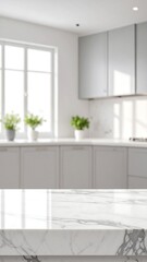 Modern kitchen countertop, sunlight, plants