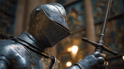 Medieval Knight in Armor Holds Sword Symbolizing Valor Defense History