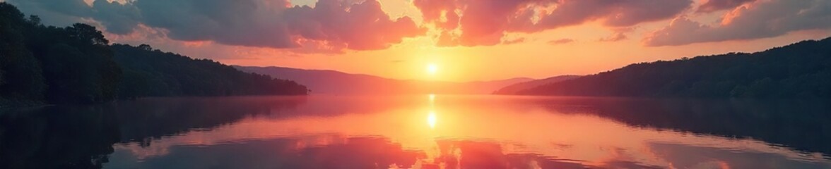 Serene sunrise over a tranquil lake, perfect for meditation, prayer, or spiritual reflection  Ideal for websites, blogs, or religious publications  Captures peace and hope ,  clouds,  calm,  serene
