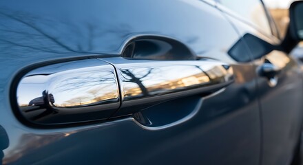 Close-up of a blue car door handle reflecting nature's beauty
