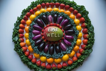 Vibrant, fresh fruit and vegetable mandala art inspiring a healthy lifestyle and delicious culinary creations